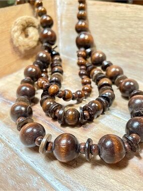 Handcrafted Layered Brown Wooden Bead Necklace - Natural Wood Tones